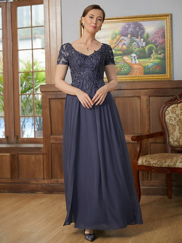 Abagail A-Line/Princess Chiffon Applique V-neck Short Sleeves Floor-Length Mother of the Bride Dresses PP6P0020337