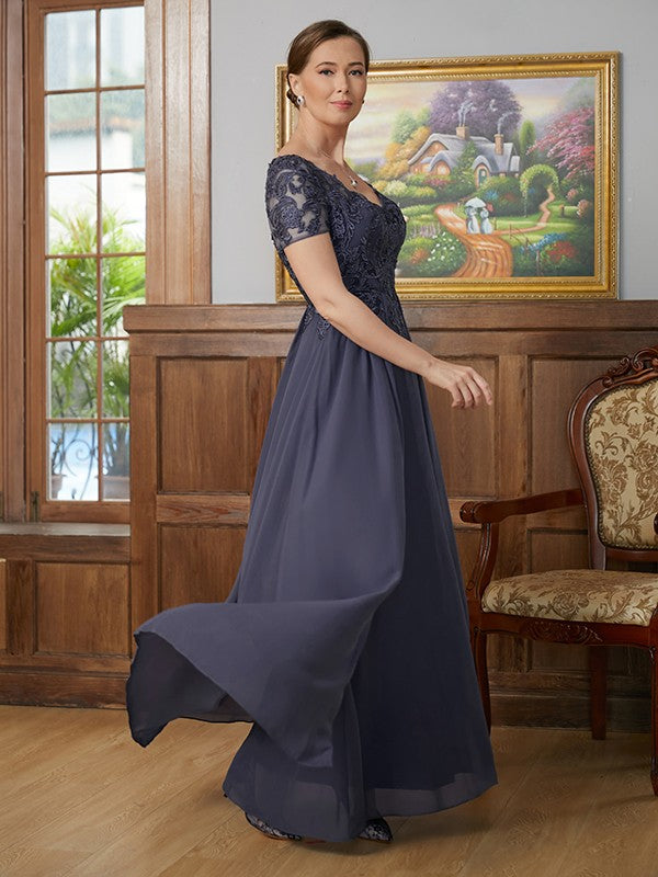 Abagail A-Line/Princess Chiffon Applique V-neck Short Sleeves Floor-Length Mother of the Bride Dresses PP6P0020337