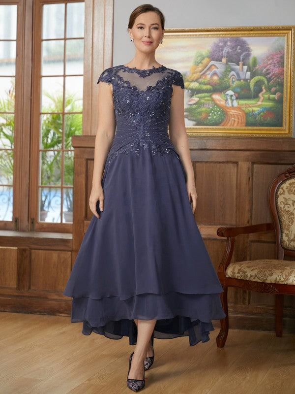 Amani A-Line/Princess Chiffon Applique Scoop Short Sleeves Asymmetrical Mother of the Bride Dresses PP6P0020307