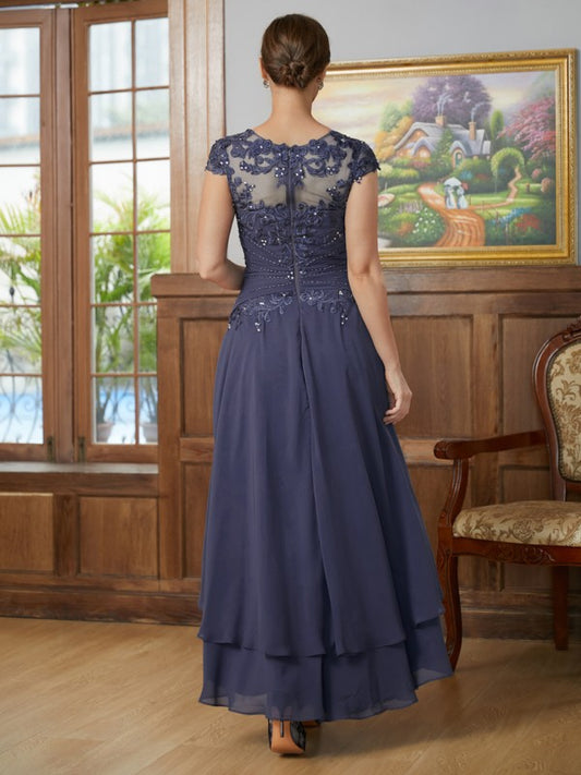 Amani A-Line/Princess Chiffon Applique Scoop Short Sleeves Asymmetrical Mother of the Bride Dresses PP6P0020307