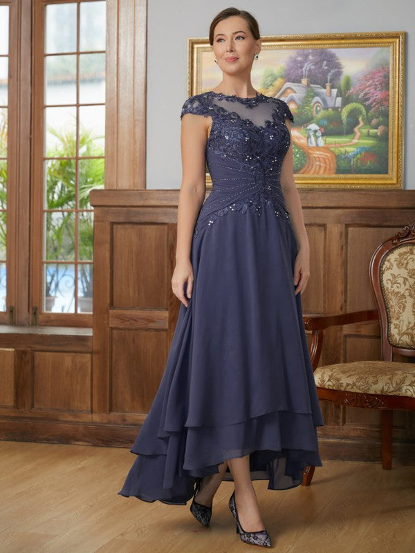 Amani A-Line/Princess Chiffon Applique Scoop Short Sleeves Asymmetrical Mother of the Bride Dresses PP6P0020307