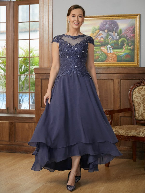 Amani A-Line/Princess Chiffon Applique Scoop Short Sleeves Asymmetrical Mother of the Bride Dresses PP6P0020307