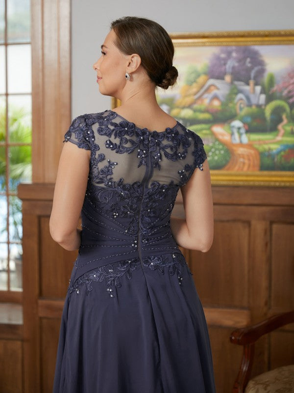 Amani A-Line/Princess Chiffon Applique Scoop Short Sleeves Asymmetrical Mother of the Bride Dresses PP6P0020307