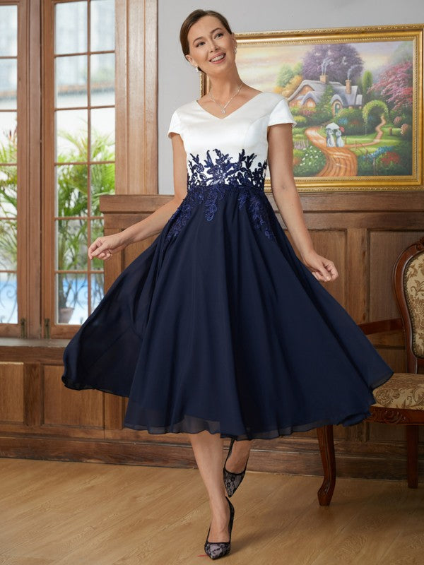 Marian A-Line/Princess Chiffon Applique V-neck Short Sleeves Tea-Length Mother of the Bride Dresses PP6P0020349