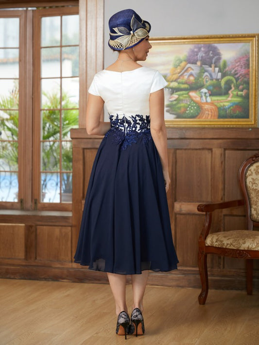 Marian A-Line/Princess Chiffon Applique V-neck Short Sleeves Tea-Length Mother of the Bride Dresses PP6P0020349