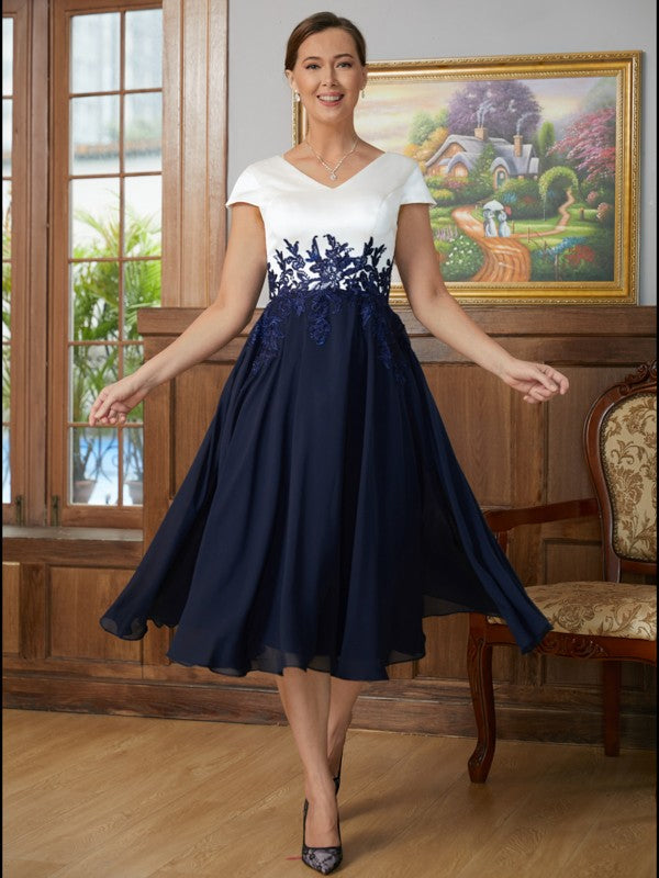 Marian A-Line/Princess Chiffon Applique V-neck Short Sleeves Tea-Length Mother of the Bride Dresses PP6P0020349