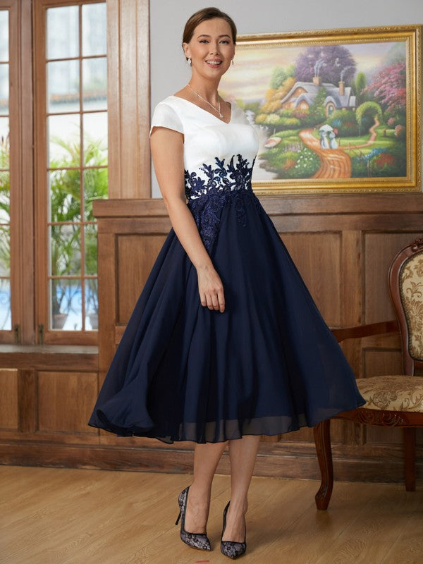 Marian A-Line/Princess Chiffon Applique V-neck Short Sleeves Tea-Length Mother of the Bride Dresses PP6P0020349