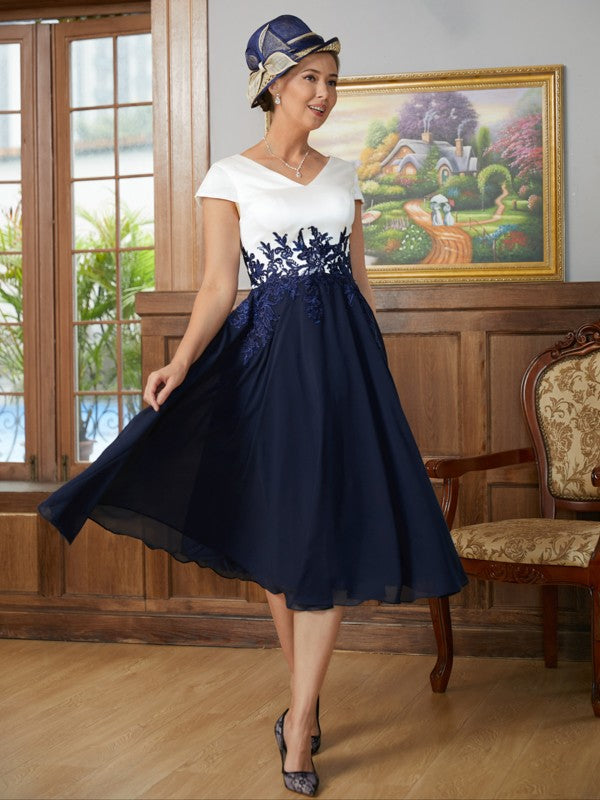 Marian A-Line/Princess Chiffon Applique V-neck Short Sleeves Tea-Length Mother of the Bride Dresses PP6P0020349