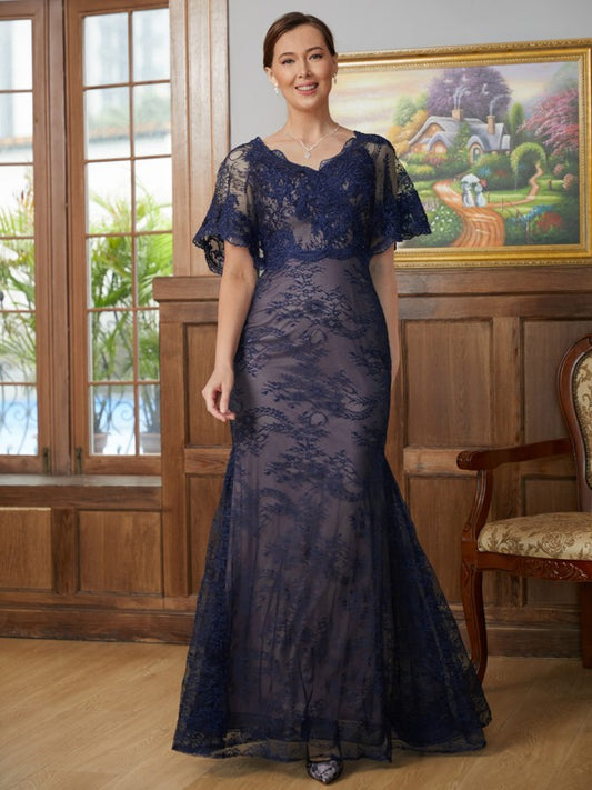 Madison Sheath/Column Silk like Satin Lace V-neck Short Sleeves Floor-Length Mother of the Bride Dresses PP6P0020338