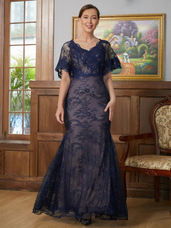 Madison Sheath/Column Silk like Satin Lace V-neck Short Sleeves Floor-Length Mother of the Bride Dresses PP6P0020338