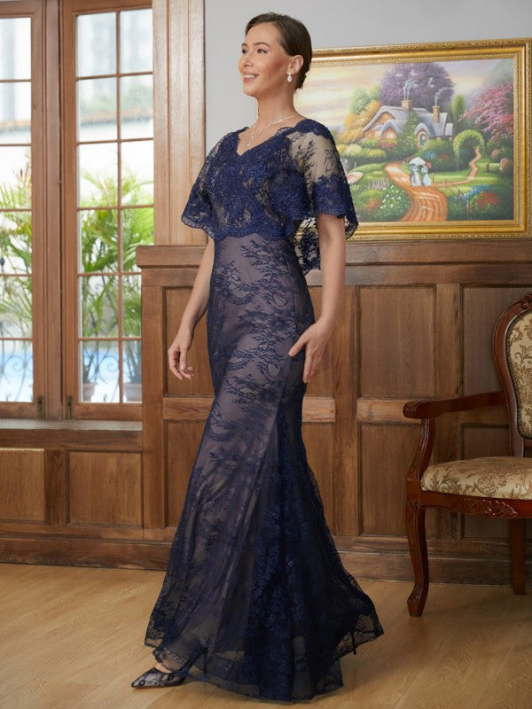 Madison Sheath/Column Silk like Satin Lace V-neck Short Sleeves Floor-Length Mother of the Bride Dresses PP6P0020338