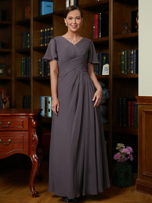 Muriel A-Line/Princess Chiffon Ruched V-neck Short Sleeves Floor-Length Mother of the Bride Dresses PP6P0020304