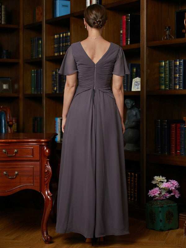 Muriel A-Line/Princess Chiffon Ruched V-neck Short Sleeves Floor-Length Mother of the Bride Dresses PP6P0020304