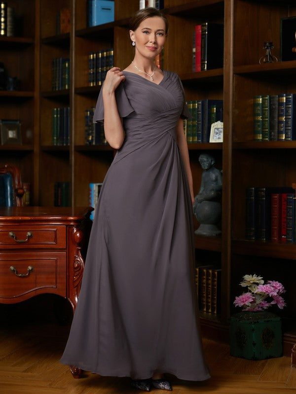 Muriel A-Line/Princess Chiffon Ruched V-neck Short Sleeves Floor-Length Mother of the Bride Dresses PP6P0020304