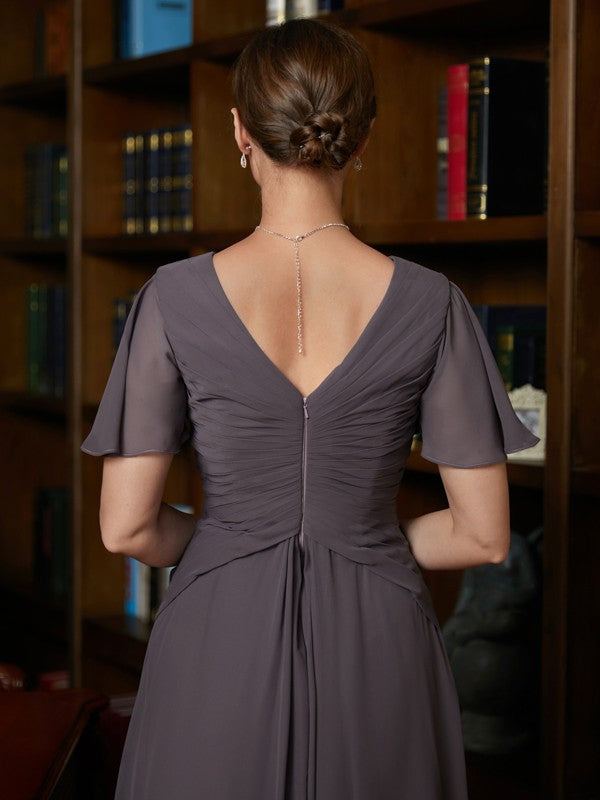 Muriel A-Line/Princess Chiffon Ruched V-neck Short Sleeves Floor-Length Mother of the Bride Dresses PP6P0020304