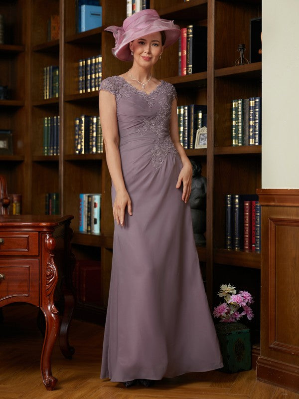 Janessa Sheath/Column Chiffon Lace V-neck Short Sleeves Floor-Length Mother of the Bride Dresses PP6P0020339