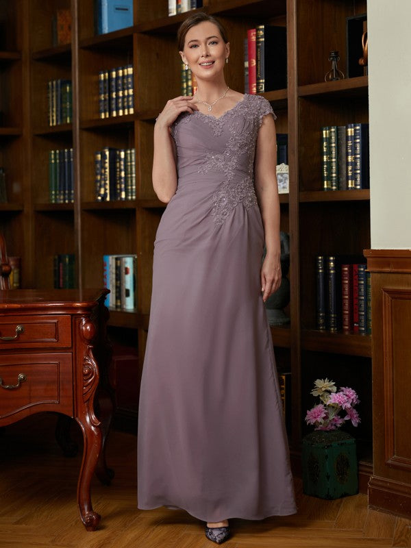 Janessa Sheath/Column Chiffon Lace V-neck Short Sleeves Floor-Length Mother of the Bride Dresses PP6P0020339