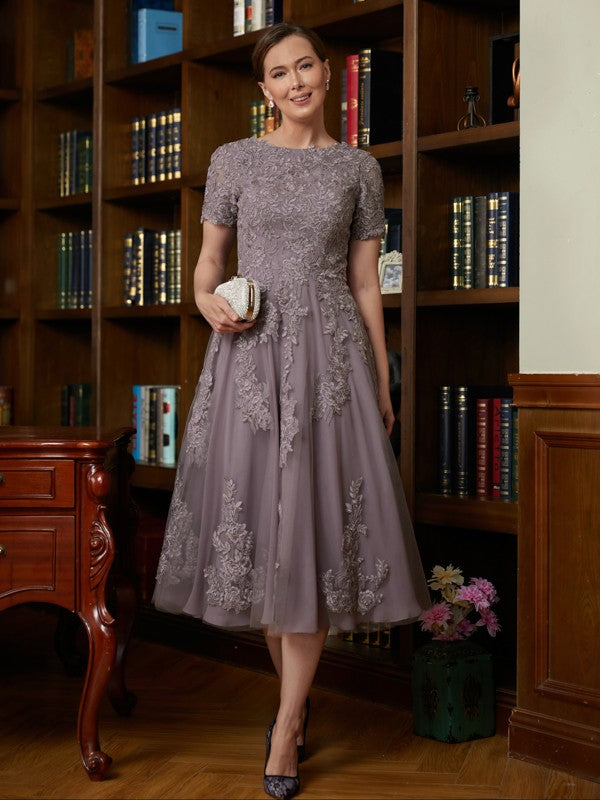 Phyllis A-Line/Princess Chiffon Lace Scoop Short Sleeves Tea-Length Mother of the Bride Dresses PP6P0020302