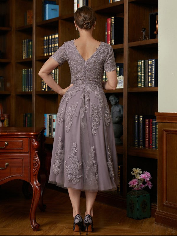 Phyllis A-Line/Princess Chiffon Lace Scoop Short Sleeves Tea-Length Mother of the Bride Dresses PP6P0020302