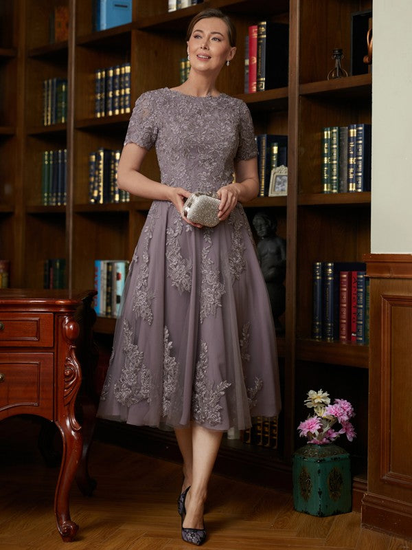 Phyllis A-Line/Princess Chiffon Lace Scoop Short Sleeves Tea-Length Mother of the Bride Dresses PP6P0020302