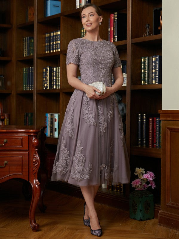 Phyllis A-Line/Princess Chiffon Lace Scoop Short Sleeves Tea-Length Mother of the Bride Dresses PP6P0020302