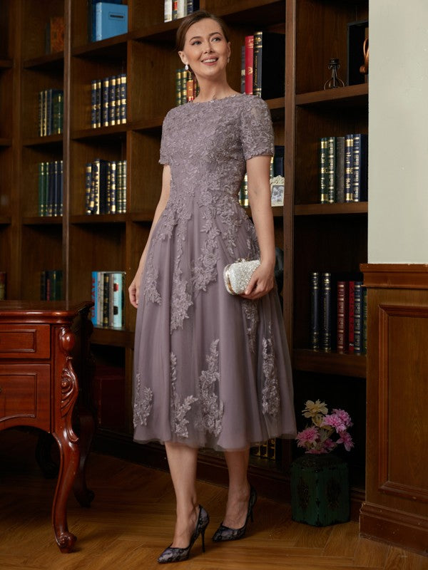 Phyllis A-Line/Princess Chiffon Lace Scoop Short Sleeves Tea-Length Mother of the Bride Dresses PP6P0020302