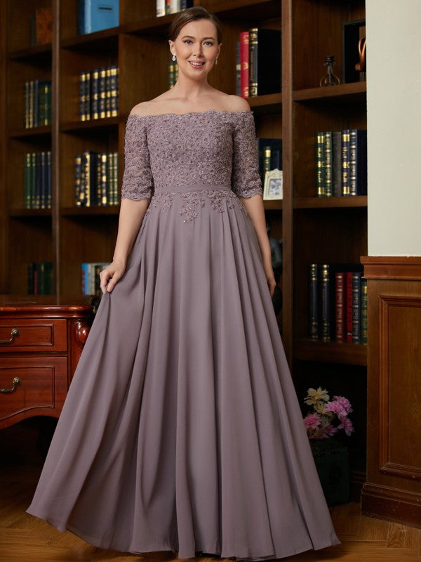 Aubrey A-Line/Princess Chiffon Applique Off-the-Shoulder 3/4 Sleeves Floor-Length Mother of the Bride Dresses PP6P0020308