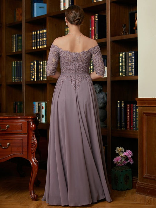 Aubrey A-Line/Princess Chiffon Applique Off-the-Shoulder 3/4 Sleeves Floor-Length Mother of the Bride Dresses PP6P0020308