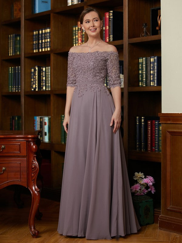 Aubrey A-Line/Princess Chiffon Applique Off-the-Shoulder 3/4 Sleeves Floor-Length Mother of the Bride Dresses PP6P0020308