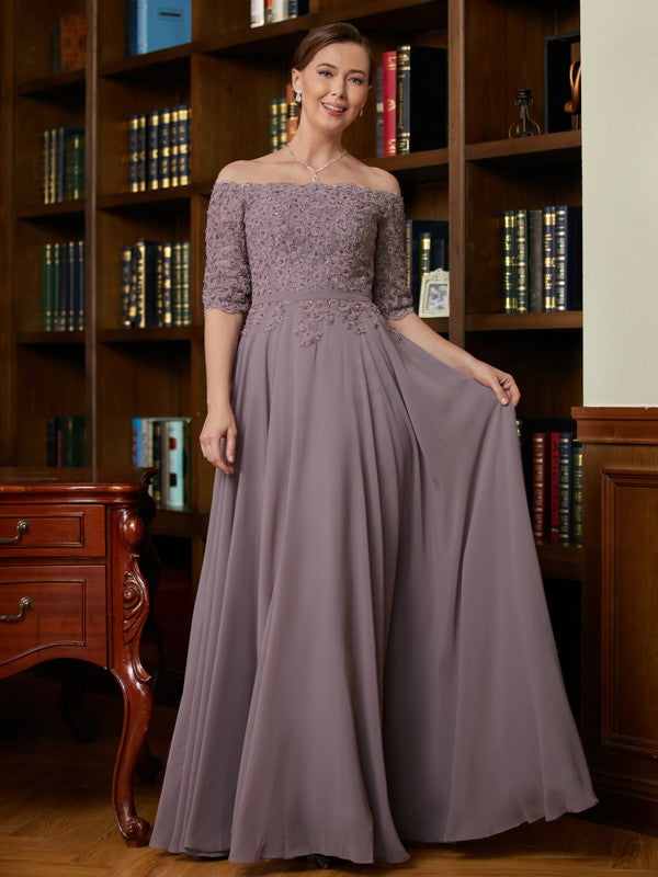 Aubrey A-Line/Princess Chiffon Applique Off-the-Shoulder 3/4 Sleeves Floor-Length Mother of the Bride Dresses PP6P0020308