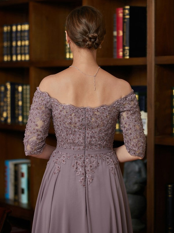 Aubrey A-Line/Princess Chiffon Applique Off-the-Shoulder 3/4 Sleeves Floor-Length Mother of the Bride Dresses PP6P0020308