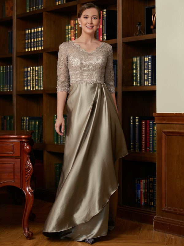 Journey A-Line/Princess Silk Like Satin Lace V-neck 3/4 Sleeves Sweep/Brush Train Mother of the Bride Dresses PP6P0020342