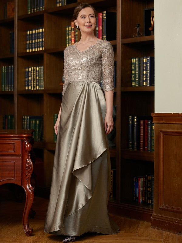 Journey A-Line/Princess Silk Like Satin Lace V-neck 3/4 Sleeves Sweep/Brush Train Mother of the Bride Dresses PP6P0020342