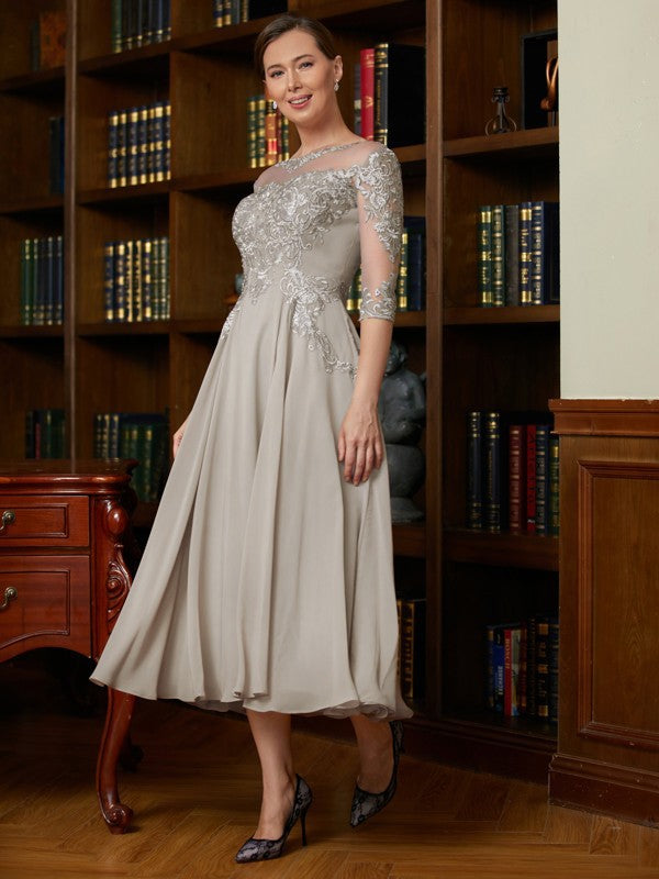 Zaria A-Line/Princess Chiffon Lace Scoop 3/4 Sleeves Tea-Length Mother of the Bride Dresses PP6P0020300