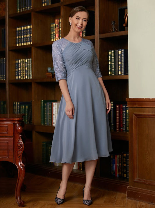 Alma A-Line/Princess Chiffon Lace Scoop 1/2 Sleeves Tea-Length Mother of the Bride Dresses PP6P0020356