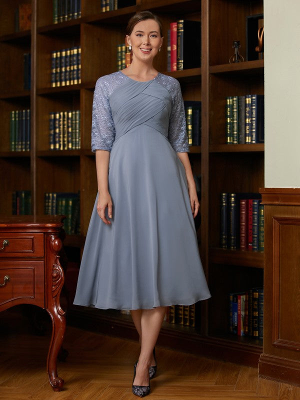 Alma A-Line/Princess Chiffon Lace Scoop 1/2 Sleeves Tea-Length Mother of the Bride Dresses PP6P0020356