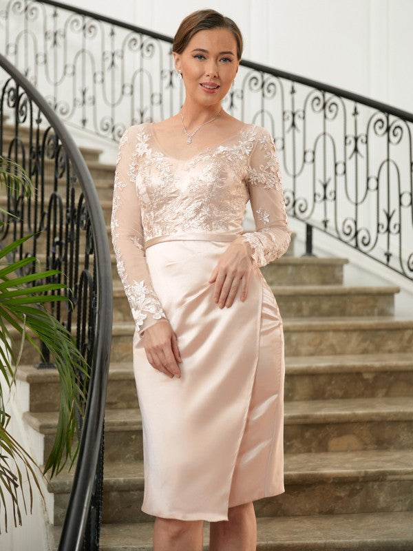 Hadley Sheath/Column Satin Lace V-neck Long Sleeves Knee-Length Mother of the Bride Dresses PP6P0020359