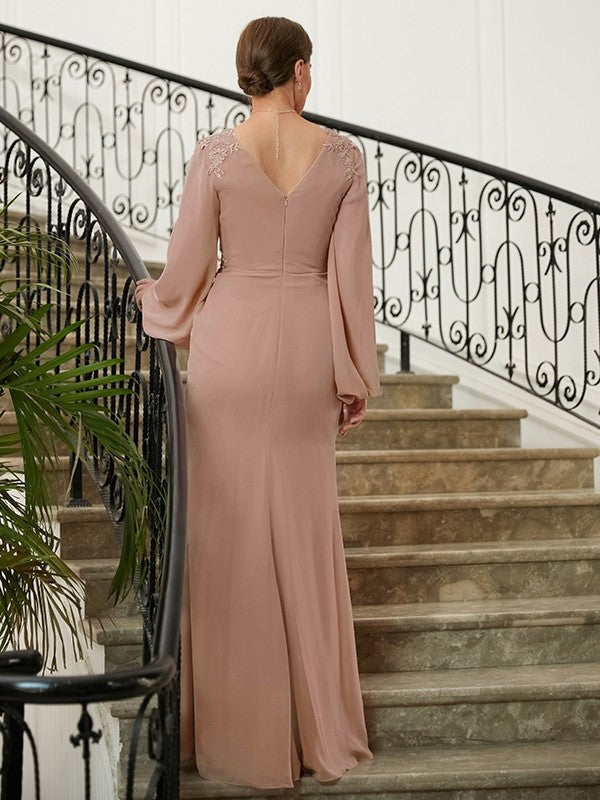 Kenley A-Line/Princess Chiffon Applique V-neck Long Sleeves Floor-Length Mother of the Bride Dresses PP6P0020313