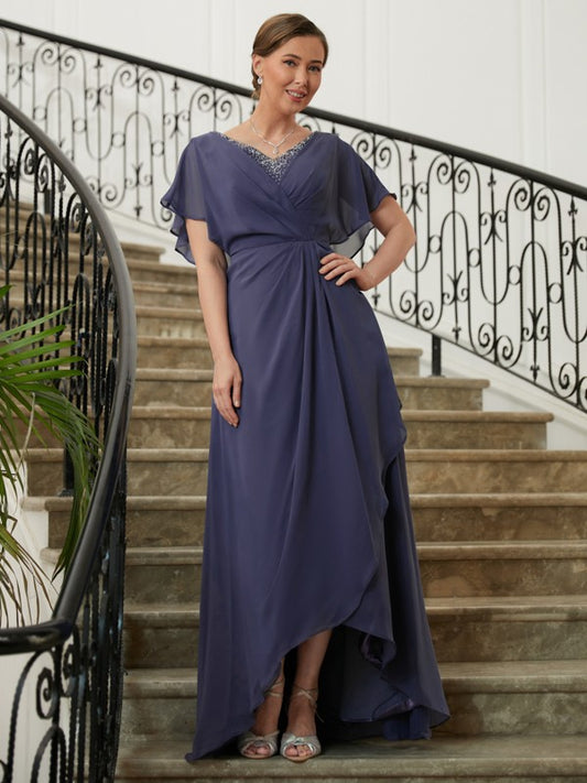 Naomi A-Line/Princess Chiffon Beading V-neck Short Sleeves Asymmetrical Mother of the Bride Dresses PP6P0020312