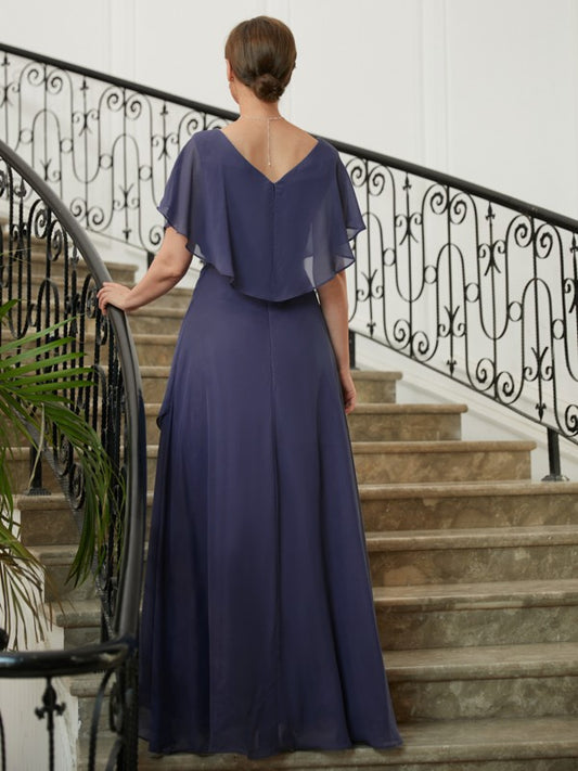 Naomi A-Line/Princess Chiffon Beading V-neck Short Sleeves Asymmetrical Mother of the Bride Dresses PP6P0020312