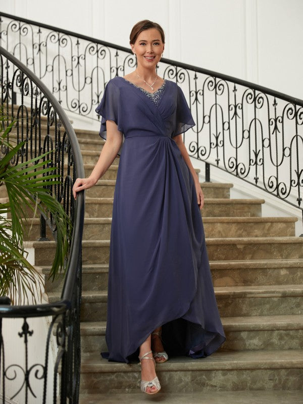 Naomi A-Line/Princess Chiffon Beading V-neck Short Sleeves Asymmetrical Mother of the Bride Dresses PP6P0020312