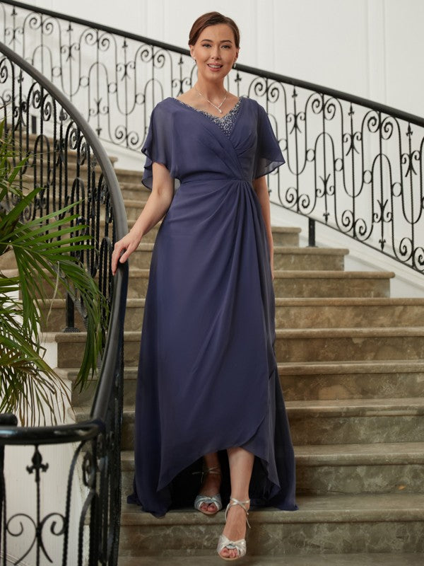 Naomi A-Line/Princess Chiffon Beading V-neck Short Sleeves Asymmetrical Mother of the Bride Dresses PP6P0020312