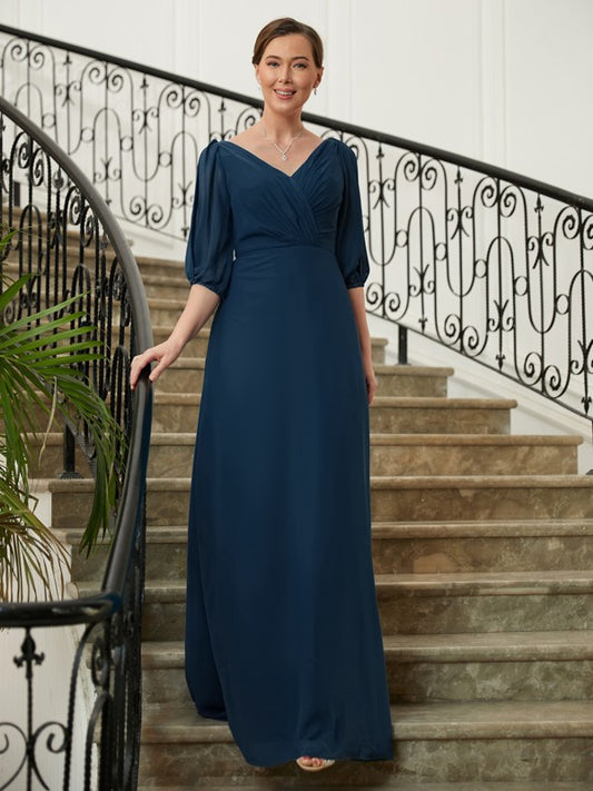 Sophie A-Line/Princess Chiffon Ruched V-neck 1/2 Sleeves Floor-Length Mother of the Bride Dresses PP6P0020344