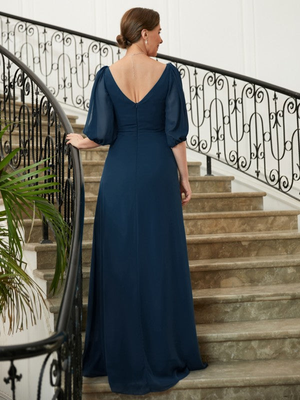 Sophie A-Line/Princess Chiffon Ruched V-neck 1/2 Sleeves Floor-Length Mother of the Bride Dresses PP6P0020344