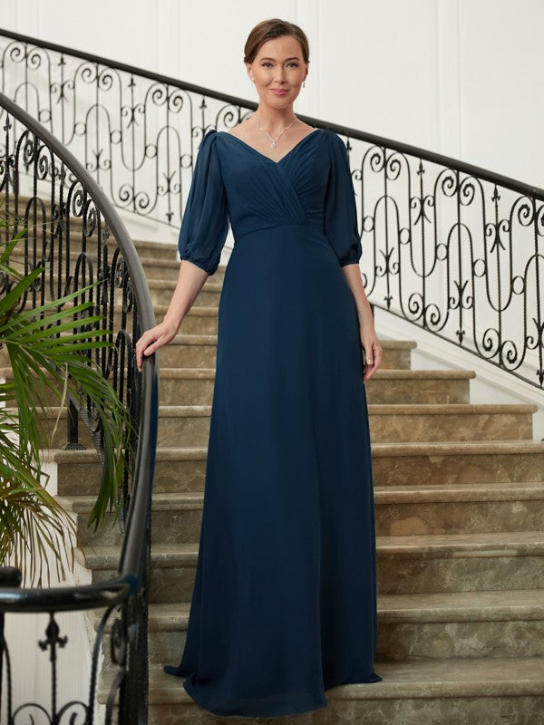 Sophie A-Line/Princess Chiffon Ruched V-neck 1/2 Sleeves Floor-Length Mother of the Bride Dresses PP6P0020344