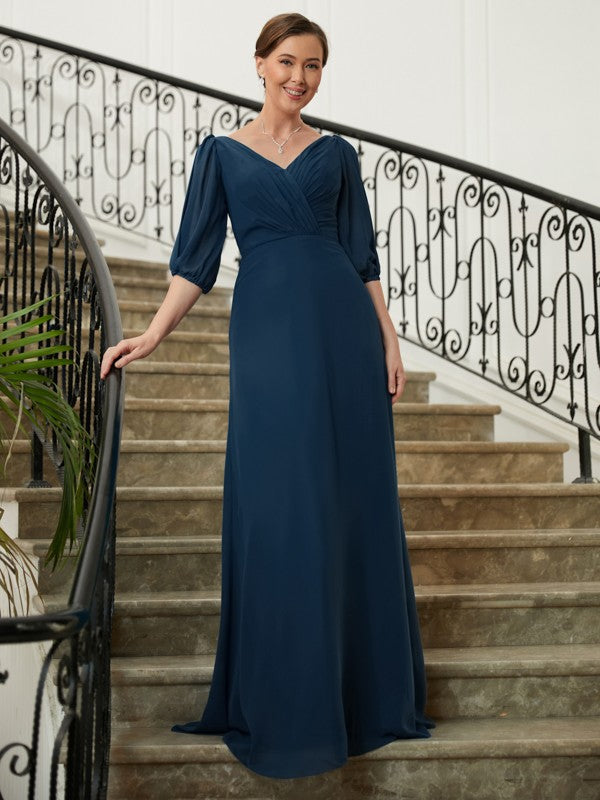 Sophie A-Line/Princess Chiffon Ruched V-neck 1/2 Sleeves Floor-Length Mother of the Bride Dresses PP6P0020344