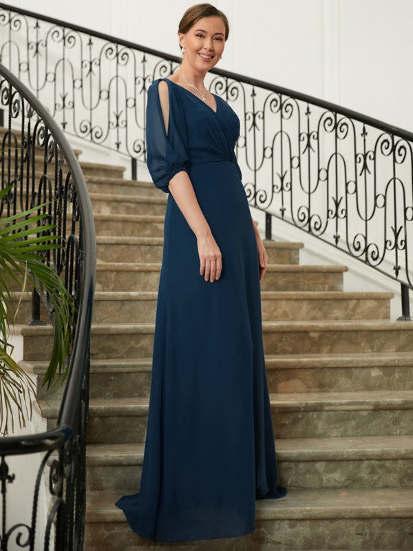 Sophie A-Line/Princess Chiffon Ruched V-neck 1/2 Sleeves Floor-Length Mother of the Bride Dresses PP6P0020344