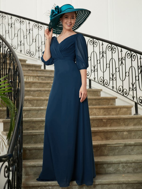 Sophie A-Line/Princess Chiffon Ruched V-neck 1/2 Sleeves Floor-Length Mother of the Bride Dresses PP6P0020344