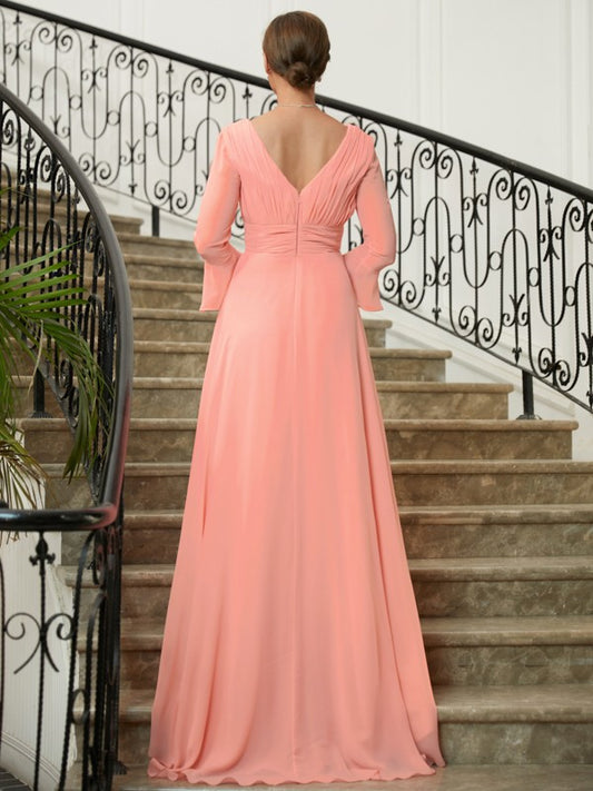 Kelsie A-Line/Princess Chiffon Ruched V-neck Long Sleeves Sweep/Brush Train Mother of the Bride Dresses PP6P0020305