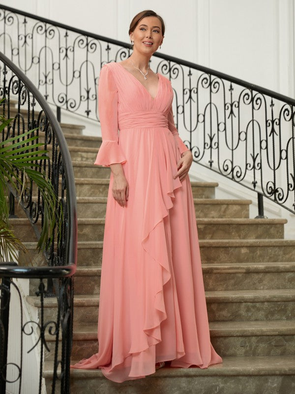 Kelsie A-Line/Princess Chiffon Ruched V-neck Long Sleeves Sweep/Brush Train Mother of the Bride Dresses PP6P0020305